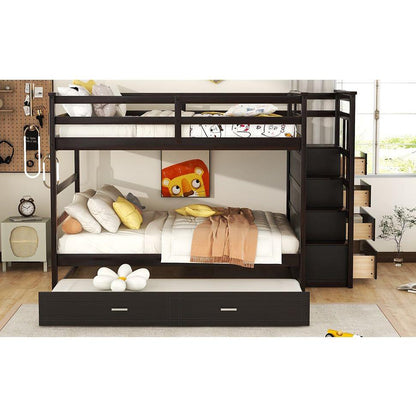 Full Over Full Bunk Bed with Twin Size Trundle and Staircase, Espresso
