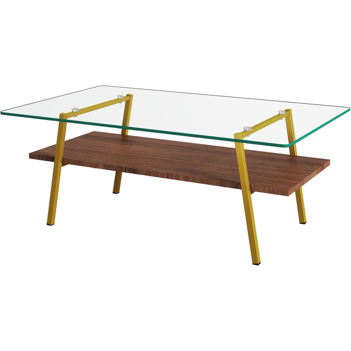 Rectangle Coffee Table, Tempered Glass Tabletop with Gold Metal Legs, Modern Table for Living Room, Transparent Glass