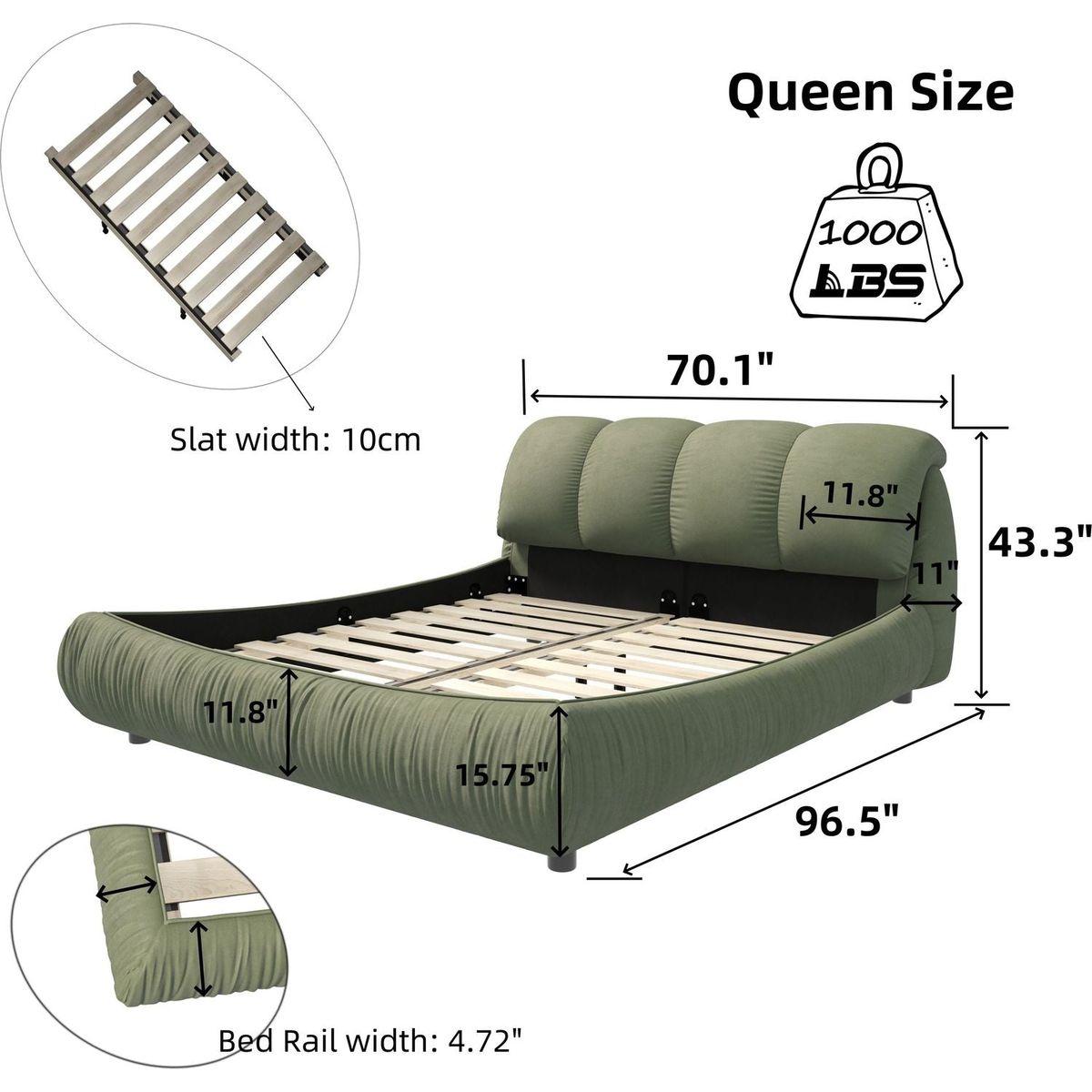Queen Size Luxury Upholstered Platform Bed with Oversized Padded Backrest and Solid Wood Frame,suitable for Multiple heights of mattresses,Green