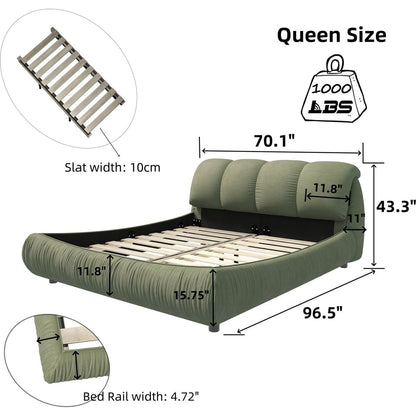 Queen Size Luxury Upholstered Platform Bed with Oversized Padded Backrest and Solid Wood Frame,suitable for Multiple heights of mattresses,Green