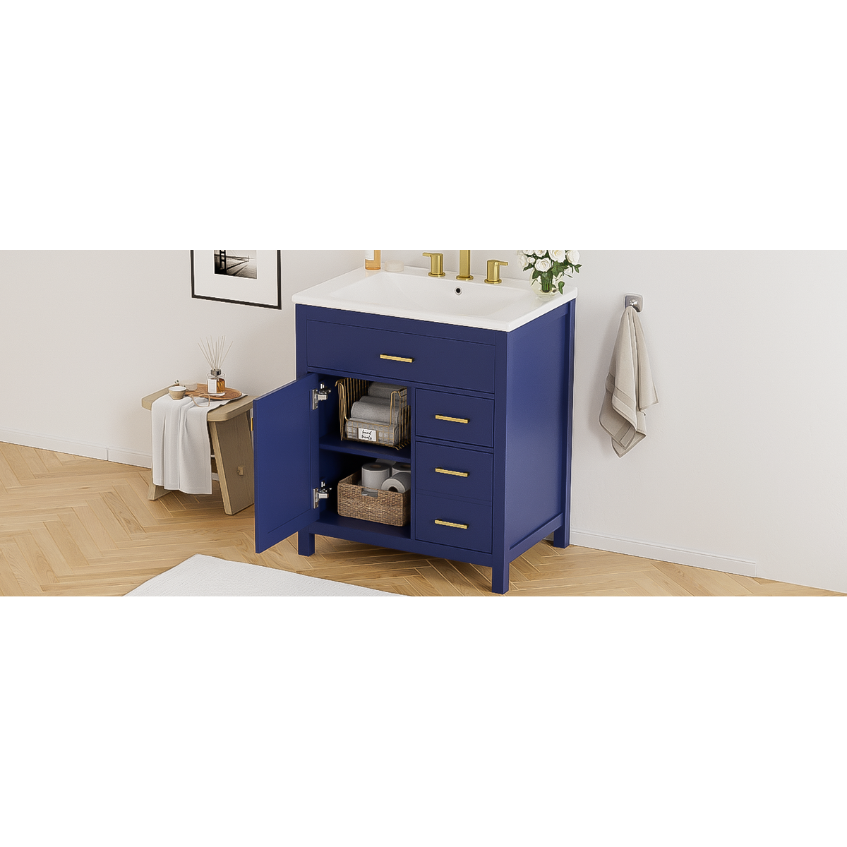 30-Inch Blue Bathroom Vanity with Ceramic Sink and Ample Storage - Ideal Choice for Small Bathrooms