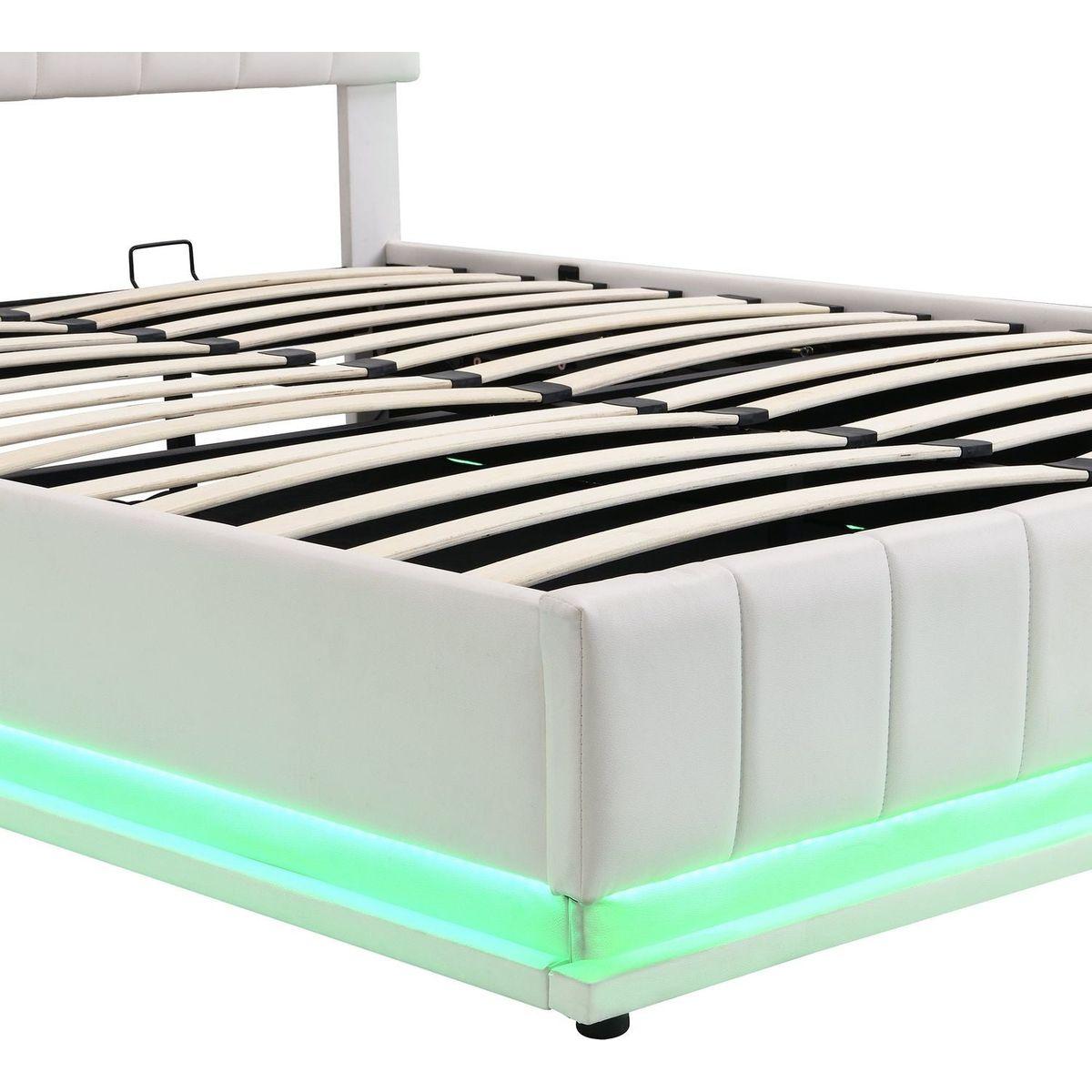 Queen Size Upholstered Bed with Hydraulic Storage System and LED Light, Modern Platform Bed with Sockets and USB Ports, White