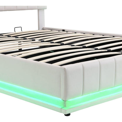 Queen Size Upholstered Bed with Hydraulic Storage System and LED Light, Modern Platform Bed with Sockets and USB Ports, White