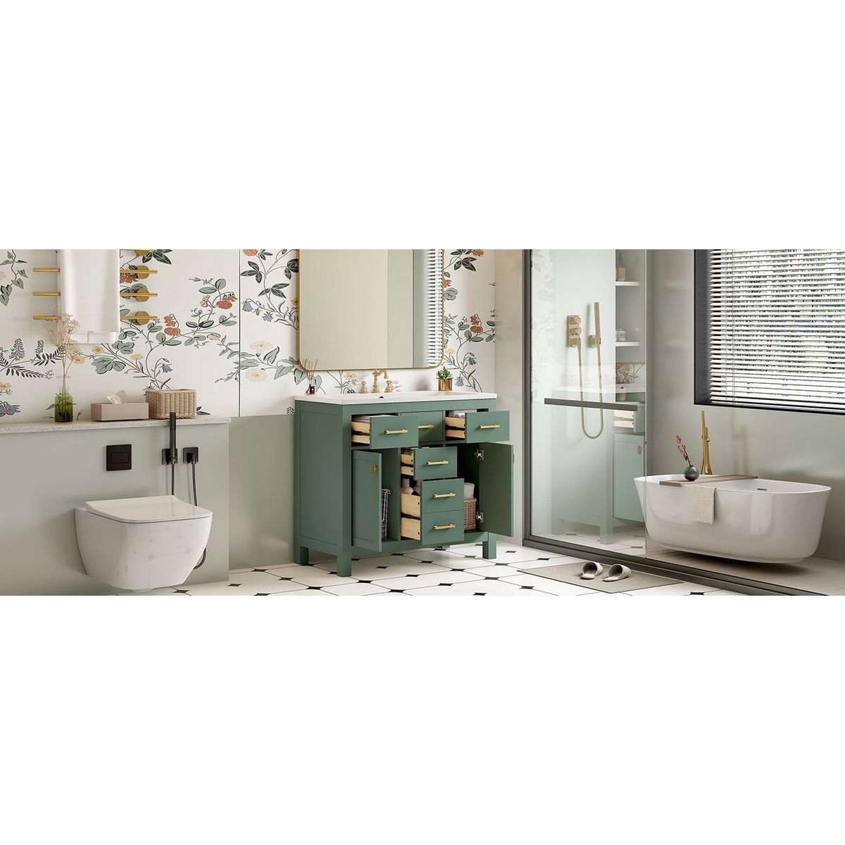 36" Bathroon Vanity with Resin Sink Combo Set,Modern Freestanding Single Bathroom Cabinet with 4 Drawers & 2 Cabinets,Storage Cabinet for Bathroom, Solid Wood Frame Vanity Set, Green