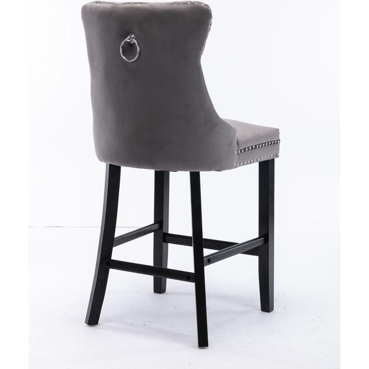 Contemporary Velvet Upholstered Barstools with Button Tufted Decoration and Wooden Legs, and Chrome Nailhead Trim, Leisure Style Bar Chairs,Bar stools, Set of 2 (Gray)
