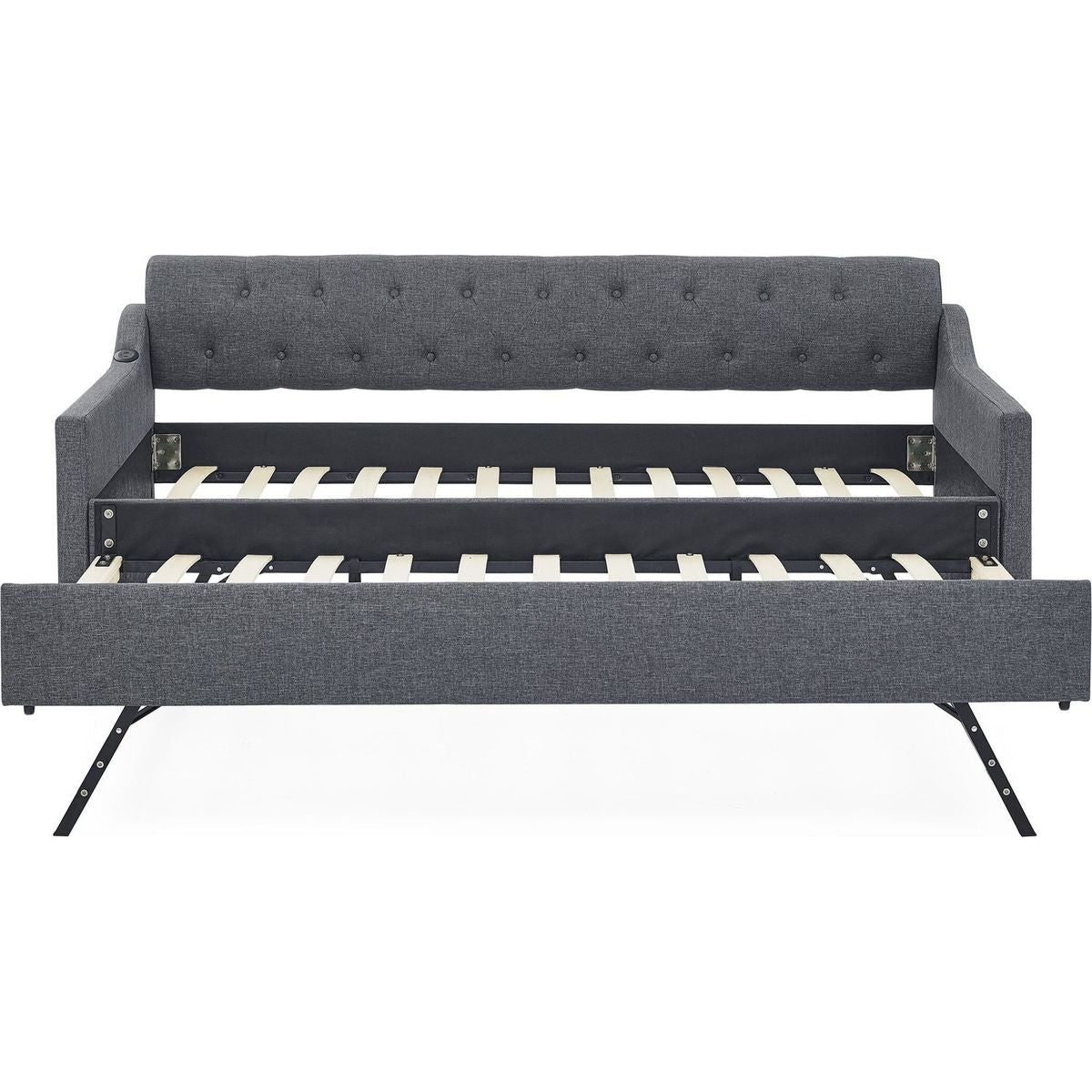 Twin Size Upholstery DayBed with Twin Size Erectable Trundle and USB Charging Design, Linen Dark Gray