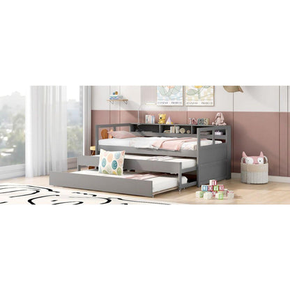 Twin XL Wood Daybed with 2 Trundles, 3 Storage Cubbies, 1 Light for Free and USB Charging Design, Gray