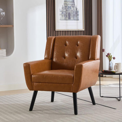 Modern Soft Leather Material Ergonomics Accent Chair Living Room Chair Bedroom Chair Home Chair With Black Legs For Indoor Home-Light Brown PU