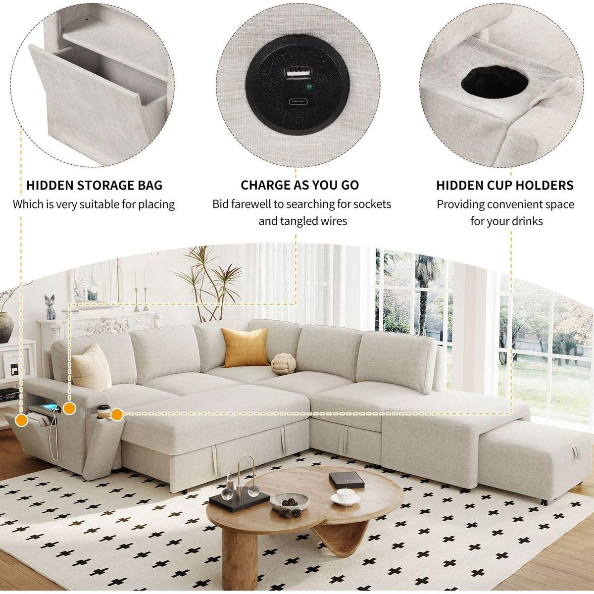 L-shaped Padded Modular Sofa with Storage Space, USB Ports, and Cup Holders on the Armrests, Suitable for Living Rooms, Offices, and Apartments.