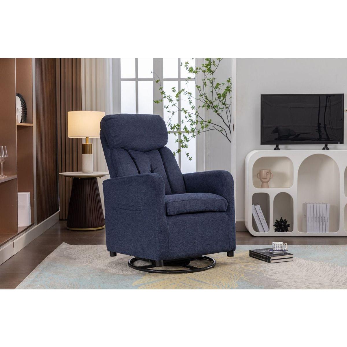 Linen Fabric Swivel Rocking Chair Gilder Chair With Pocket,Navy Blue