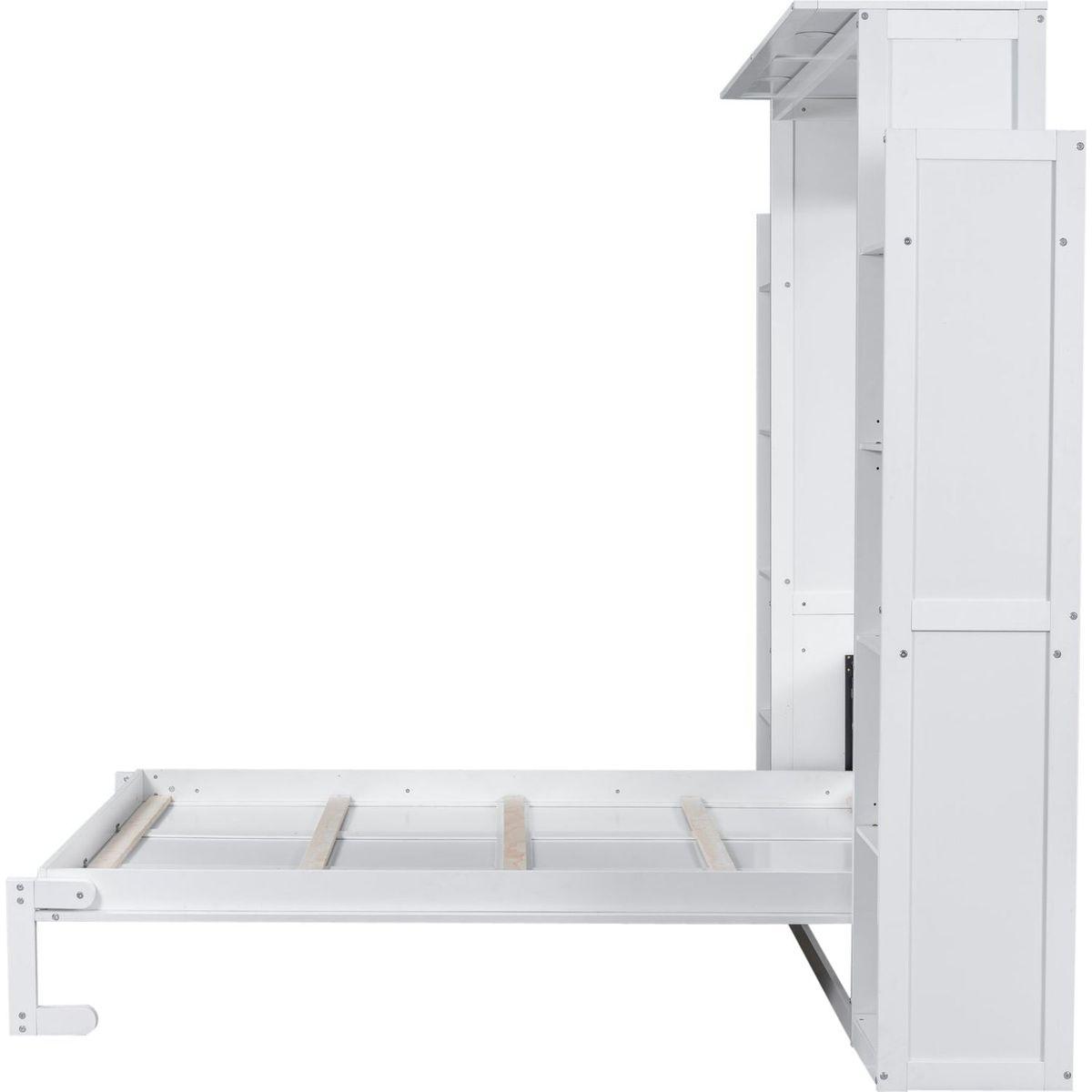 Queen Size Murphy Bed Wall Bed with Shelves and LED Lights,White