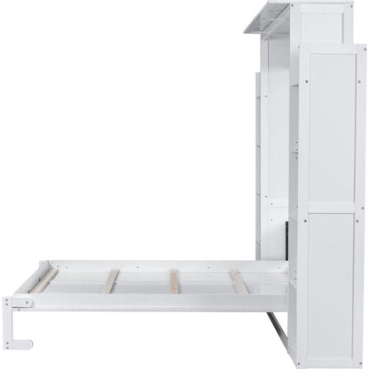 Queen Size Murphy Bed Wall Bed with Shelves and LED Lights,White
