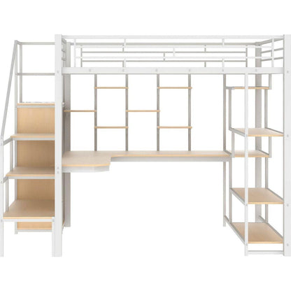 Full Size Metal Loft Bed with Storage Staircase and Small Wardrobe, Built-in Desk and Storage Shelves, White