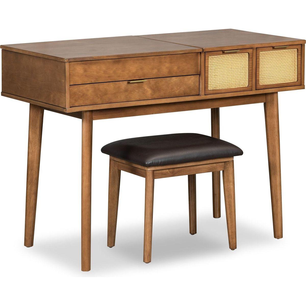 43.3" Classic Wood Makeup Vanity Set with Flip-top Mirror and Stool, Dressing Table with Three Drawers and storage space, Brown