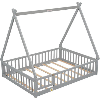 Full Tent-shaped Floor Bed, with Guardrails, Slats, Door, Grey