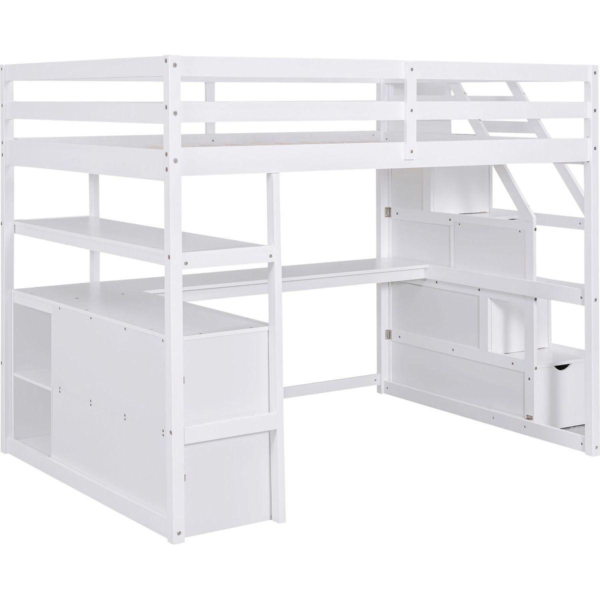 Full Size Loft Bed with Desk and Shelves, Two Built-in Drawers, Storage Staircase, White