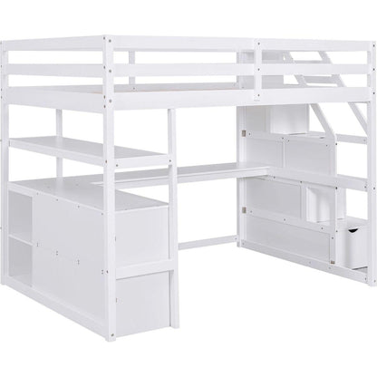 Full Size Loft Bed with Desk and Shelves, Two Built-in Drawers, Storage Staircase, White