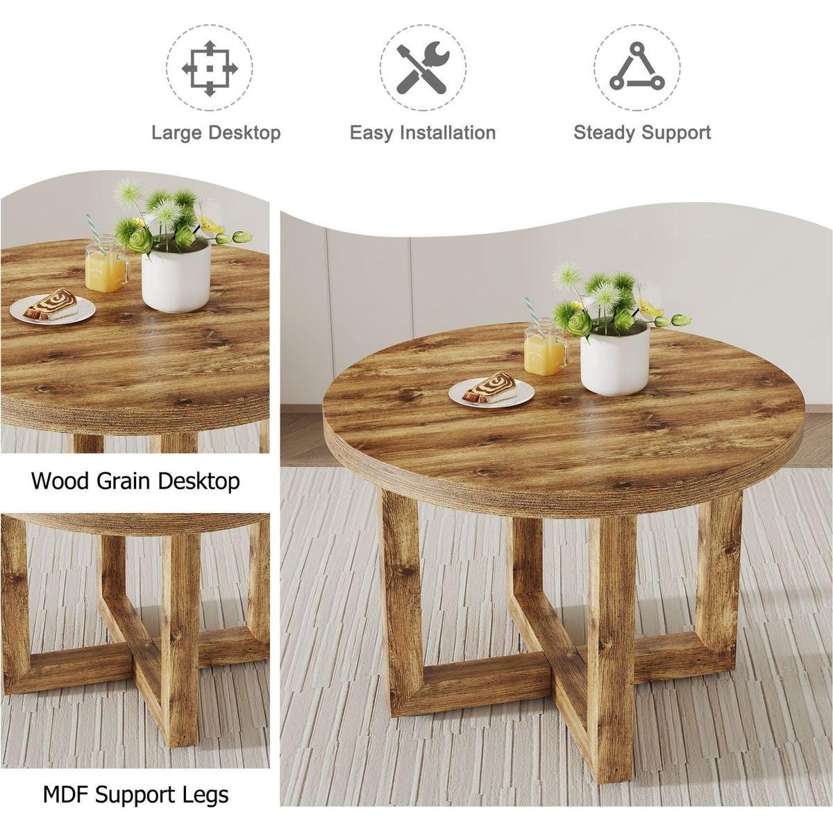 A modern and practical circular dining table. Made of MDF tabletop and wooden MDF table legs. 4-piece technology cloth high backrest cushion side chair, C-shaped tube black metal legs.