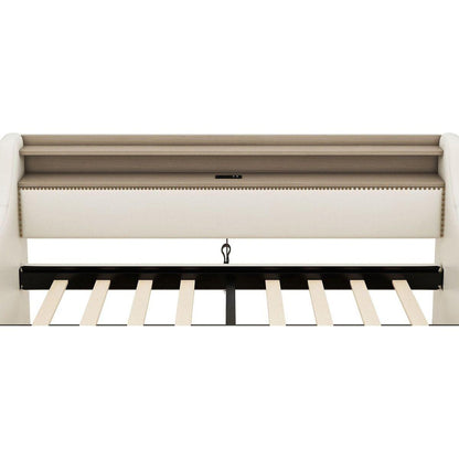 Twin Size Daybed with Storage Drawers, Upholstered Daybed with Charging Station and LED Lights, Beige