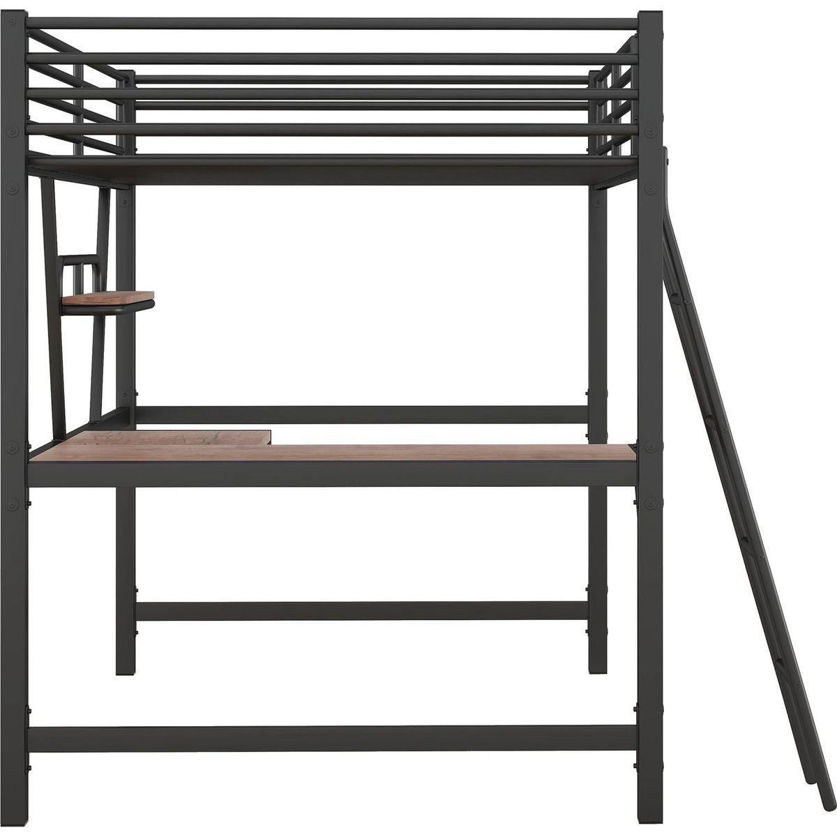 Full Size Loft Metal&MDF Bed with Desk and Shelf, Black