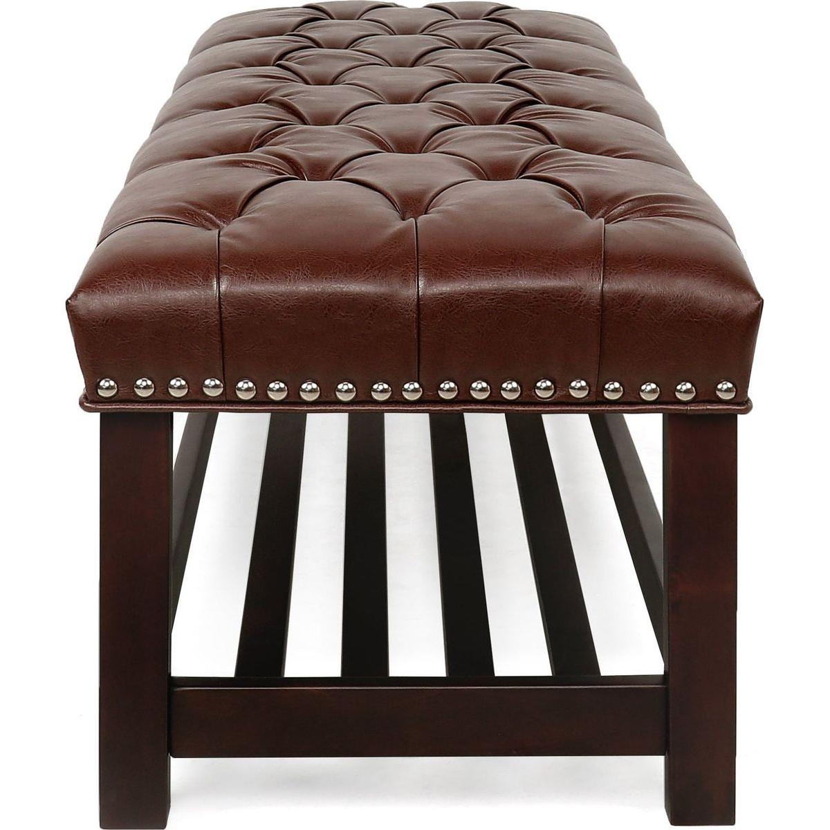 Bedroom End of Bed Bench Tufted Upholstered End of Bed Bench End of Bed Entrance Shoe Bench, 60" with Nailhead Trim and Shelf Bedroom Upholstered Leather Bench Living Room Shoe Rack Footstool (brown)