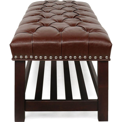 Bedroom End of Bed Bench Tufted Upholstered End of Bed Bench End of Bed Entrance Shoe Bench, 60" with Nailhead Trim and Shelf Bedroom Upholstered Leather Bench Living Room Shoe Rack Footstool (brown)