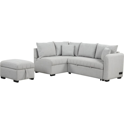 82.6" L-shaped Sectional Pull Out Sofa Bed Sleeper Sofa with Two USB Ports, Two Power Sockets and a Movable Storage Ottoman, Gray