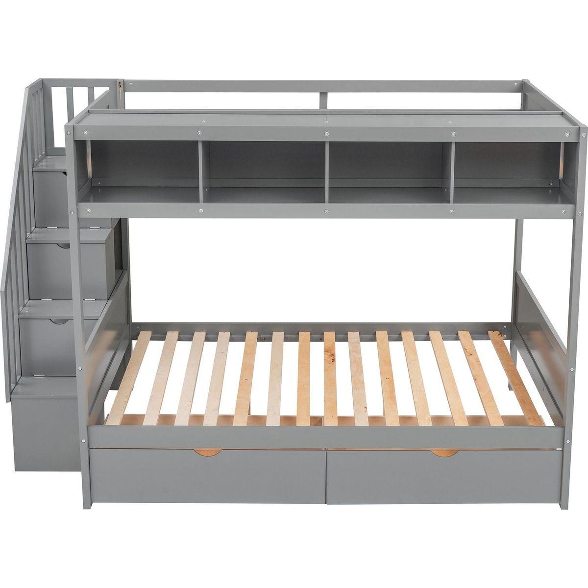 Twin over Full Bunk Bed with Shelfs, Storage Staircase and 2 Drawers, Gray