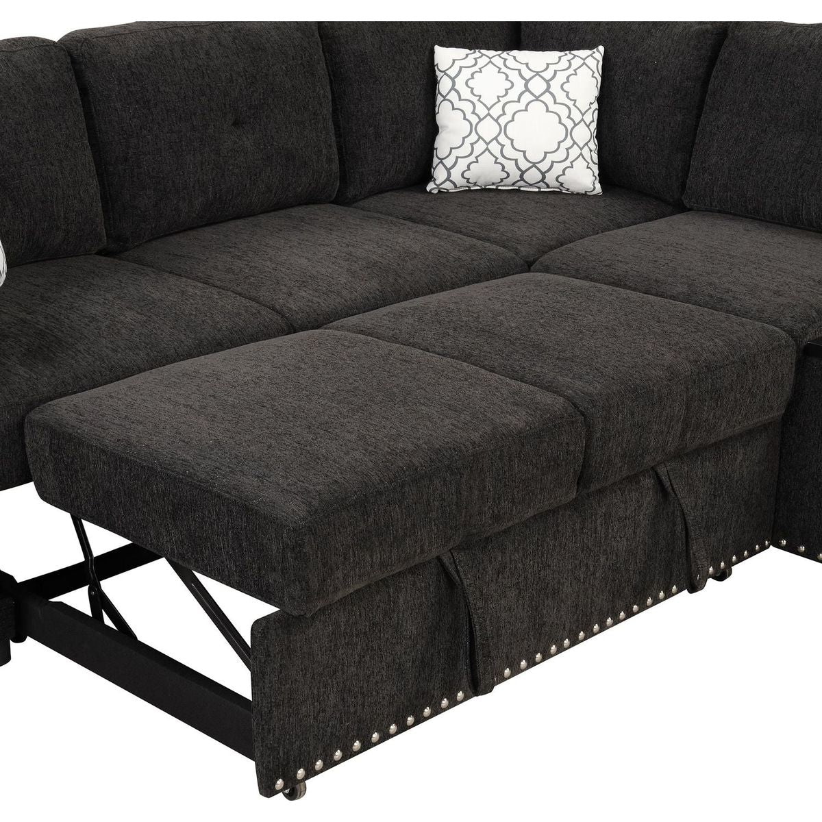 83.8" Reversible Sectional Pull-Out Sofa Bed L-Shaped Corner Sofa Couch with Storage Chaise, USB Ports, Power Sockets, Cup Holder for Living Room, Bedroom, Study, Black