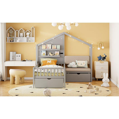 Twin Size House Bed with Upholstered Sofa, House Bed with Charging Station, Wireless Charging, Shelves and Two Drawers, Gray