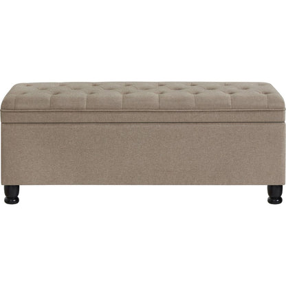 Upholstered tufted button storage bench, Linen fabric entry bench with spindle wooden legs, Bed bench- Linen