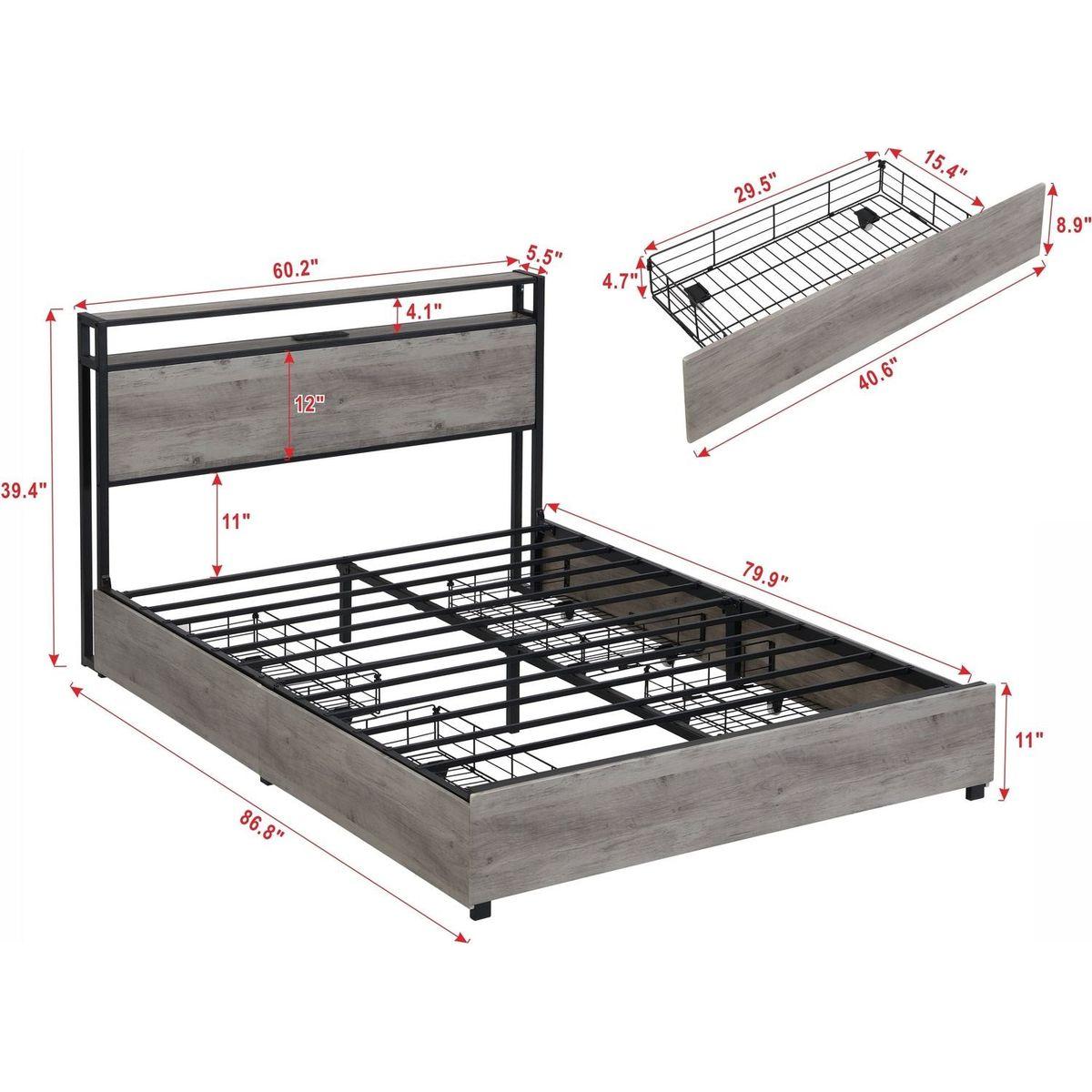 Queen Bed Frame, Storage Headboard with Charging Station, Solid and Stable, Noise Free, No Box Spring Needed, Easy Assembly