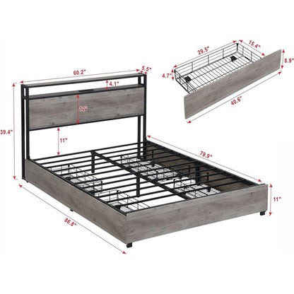Queen Bed Frame, Storage Headboard with Charging Station, Solid and Stable, Noise Free, No Box Spring Needed, Easy Assembly
