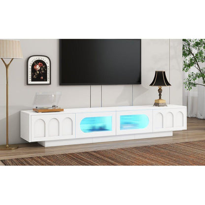TV Stand with Fluted tempered Glass Doors for TVs Up to 95", Functional Media Console with Arched Cabinet Doors, Entertainment Center with APP-Controlled LED Light for Living Room, White