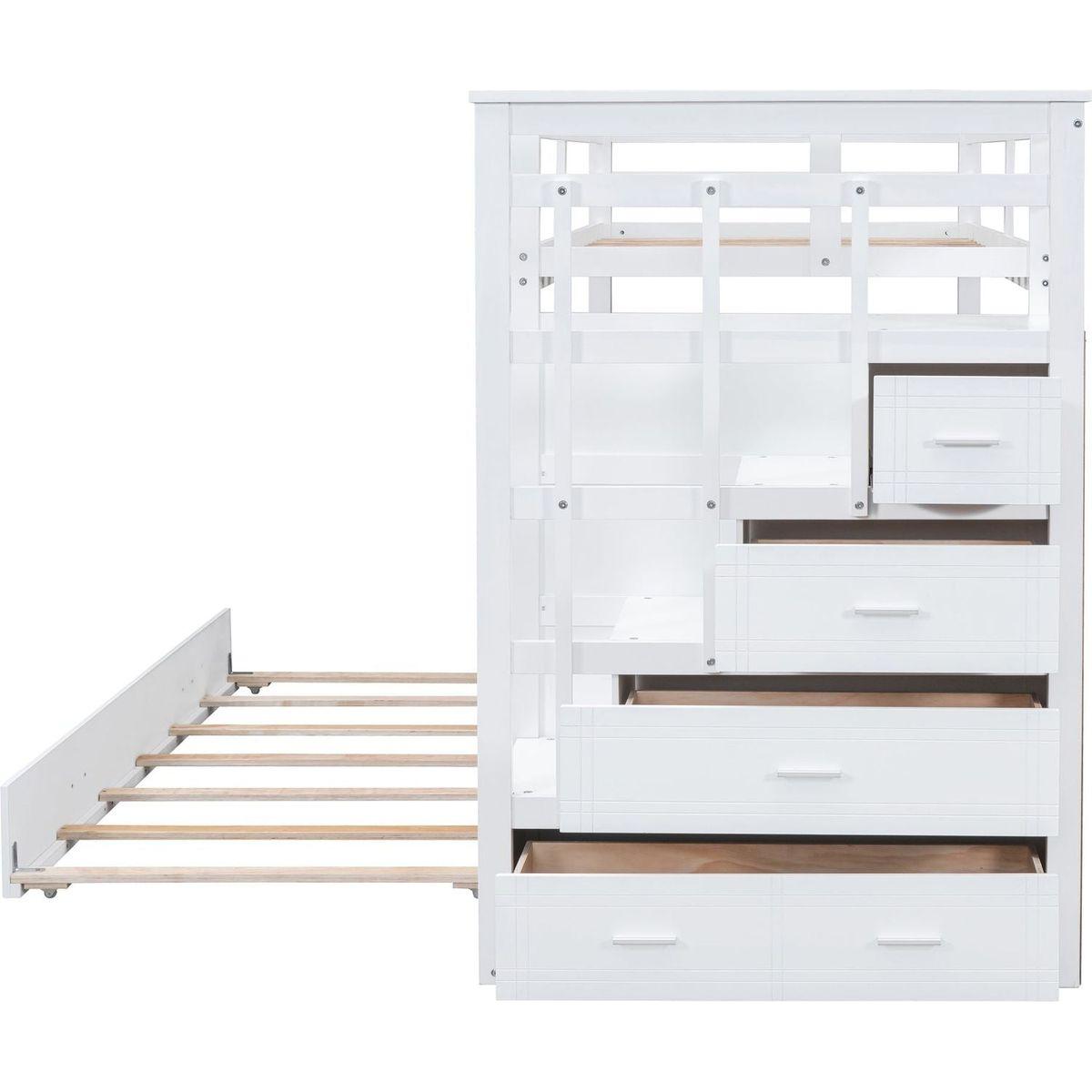 Twin Over Twin Bunk Bed with Trundle and Staircase,White