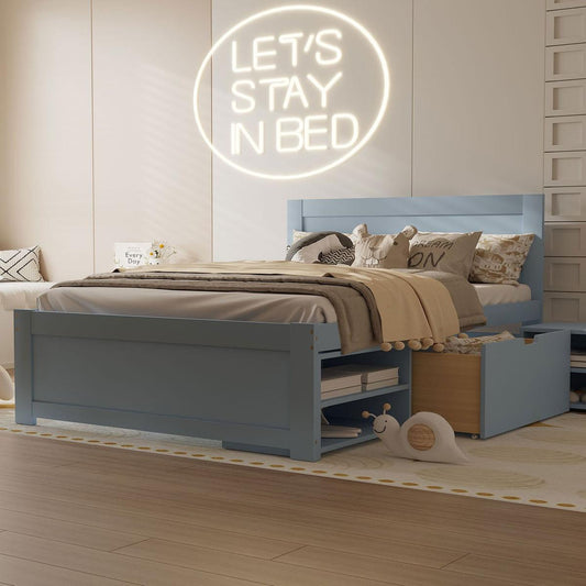Full Size Platform Bed With Drawer And Two Shelves, Gray(Expected Arrival Time: 10.28)