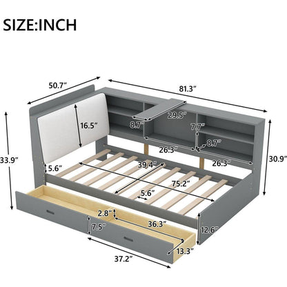Wood Twin Size platform bed with Storage Headboard, Shelves and 2 Drawers, Gray