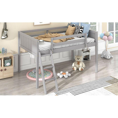 Twin Size Wood Low Loft Bed with Ladder, ladder can be placed on the left or right, Gray