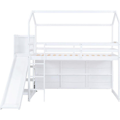 Twin Size Wood House Loft bed with Slide, Storage shelves and Light, White