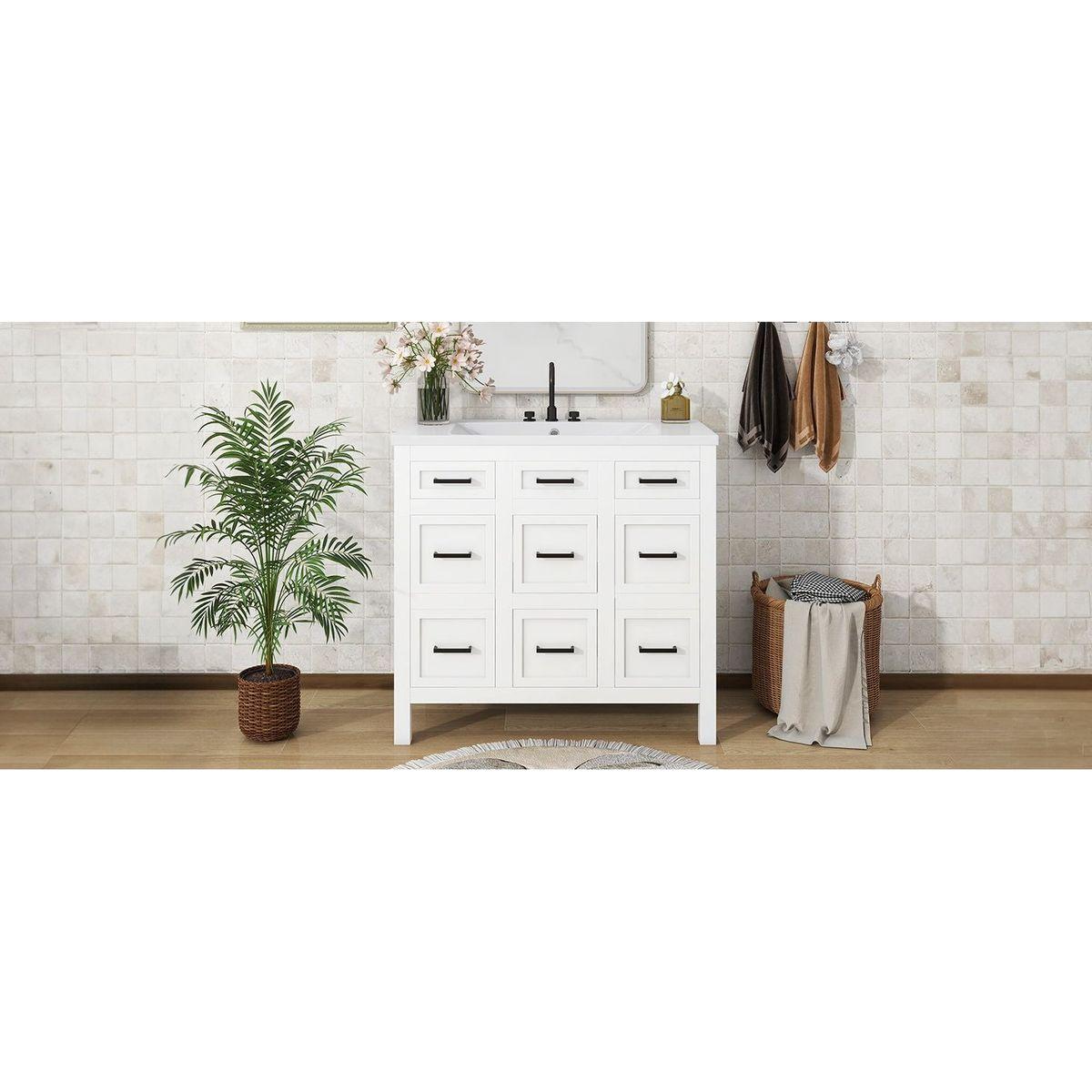 36" Bathroom Vanity Cabinet with Resin Integrated Sink - 4 Drawers, 2 Doors