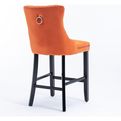 Contemporary Velvet Upholstered Barstools with Button Tufted Decoration and Wooden Legs, and Chrome Nailhead Trim, Leisure Style Bar Chairs,Bar stools, Set of 2 (Orange)