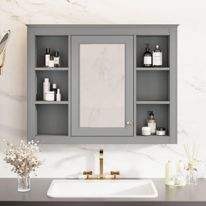 35" x 27.5" Medicine Cabinet, Wall Mounted Bathroom Storage Cabinet, Modern Bathroom Wall Cabinet with Mirror, Mirror Cabinet with 6 Open Shelves (Not Include Bathroom Vanity)