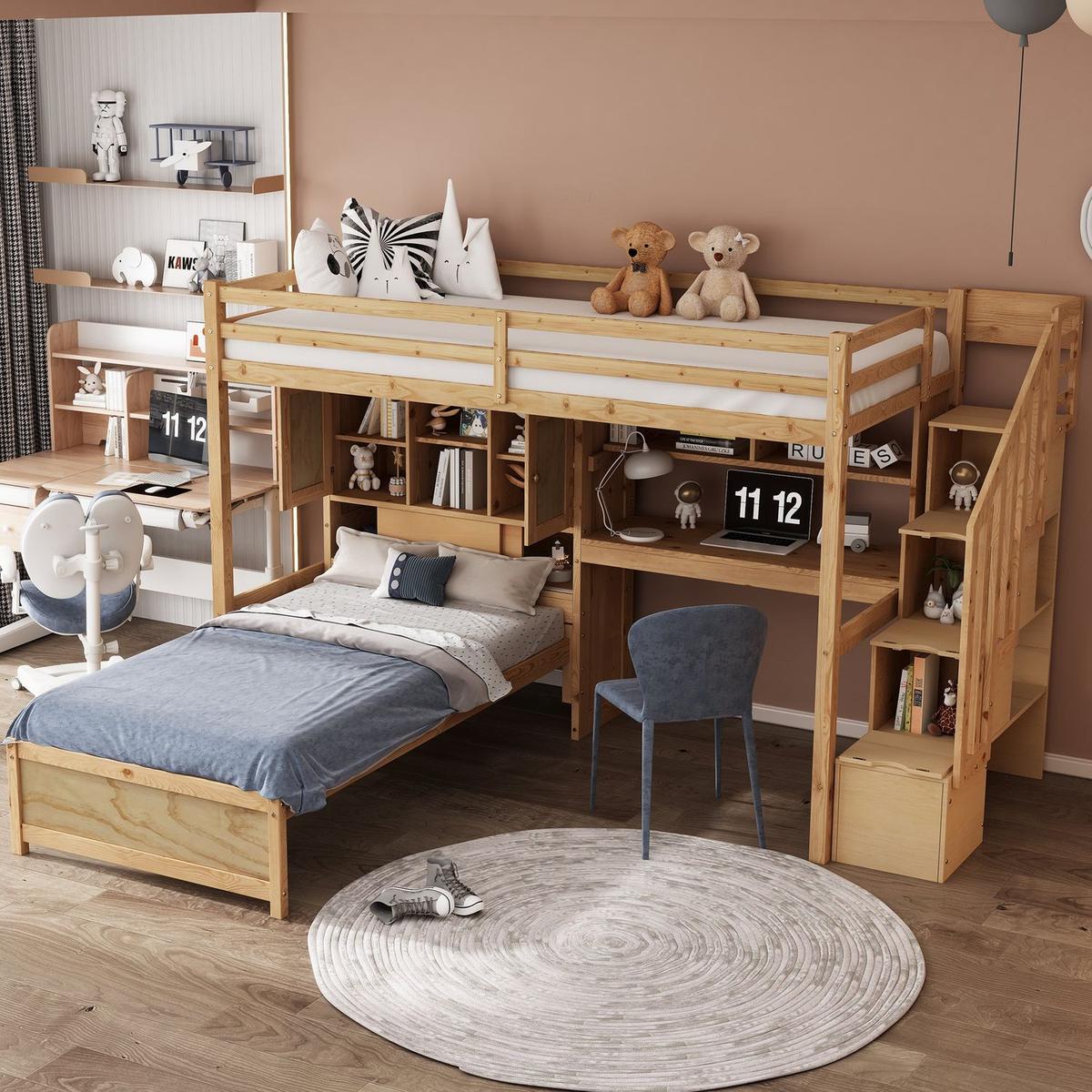 Twin over Twin Loft Bed with Built-in Desk and Staircase, With Storage Compartments and Shelves, Natural(ETA:10.28)