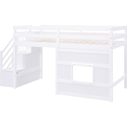 Twin Size Loft Bed with Storage Staircase and Window, White
