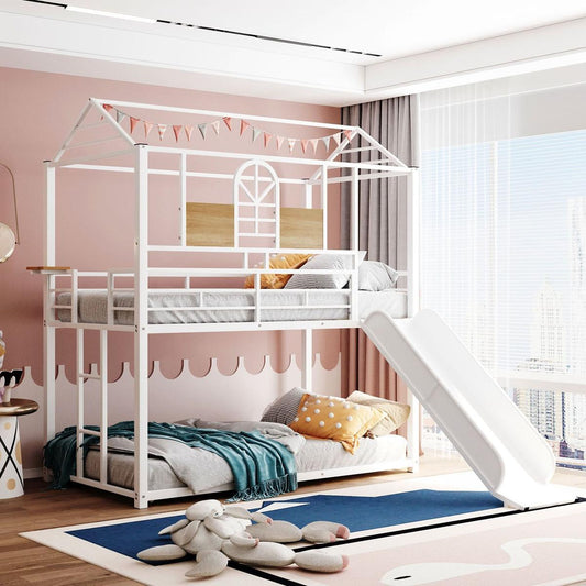 Twin Over Twin Metal Bunk Bed, Metal Housebed With Slide,Three Colors Available.(White with White Slide)