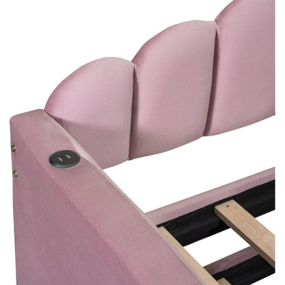 Twin size Upholstered Daybed with Trundle, Velvet Sofabed with USB Charging Ports,No Box-spring Needed,Pink