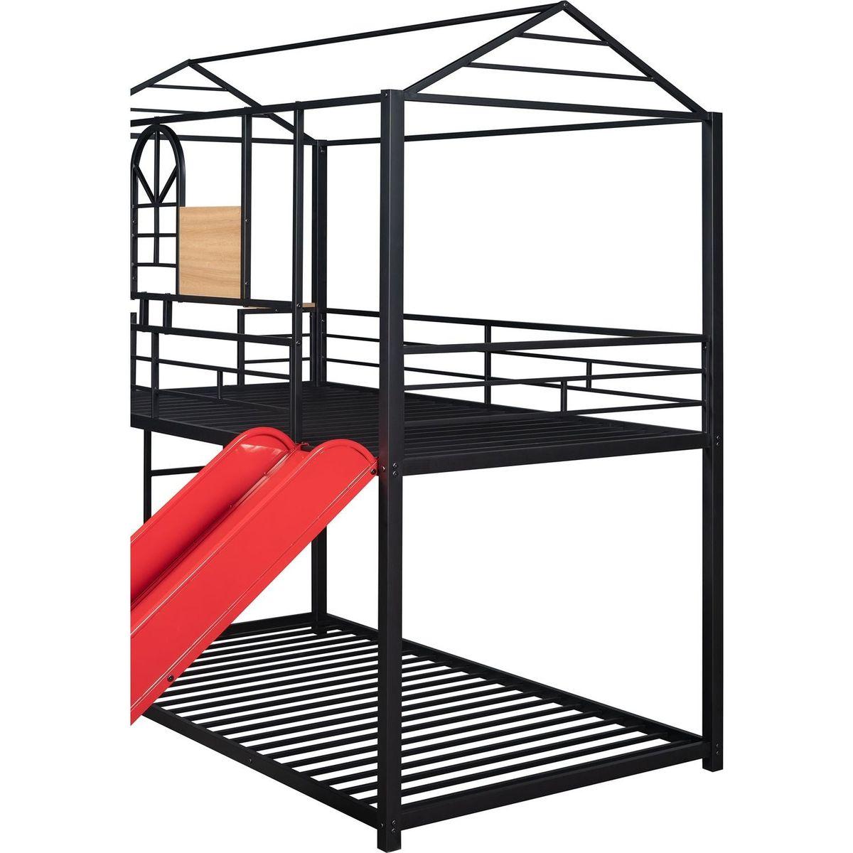 Twin Over Twin Metal Bunk Bed, Metal Housebed With Slide,Three Colors Available.(Black with Red Slide)