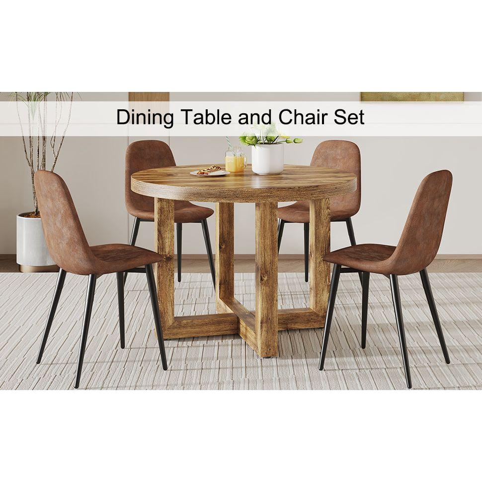 A modern and practical circular dining table. Made of MDF tabletop and wooden MDF table legs. A set of 4 brown cushioned chairs.