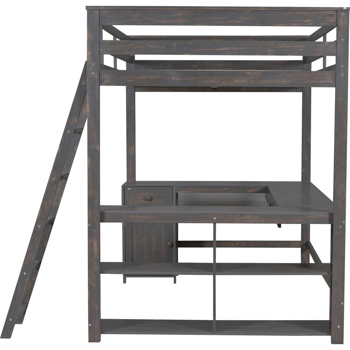 Full Size Loft Bed with U-shaped Desk, Drawers and Storage Shelves, Antique Brown