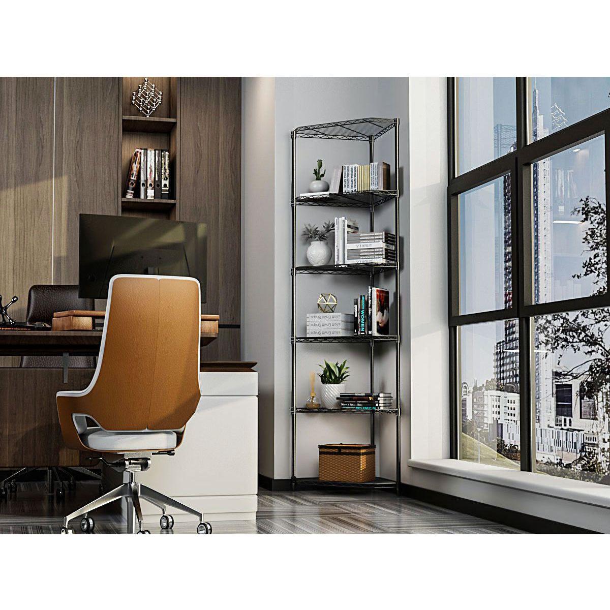 6 Tier Shelf Corner Wire Shelf Rack Pentagonal Shelves Adjustable Metal Heavy Duty Free Standing Corner Storage Display Chrome Rack for Bathroom, Living Room, Kitchen - Black